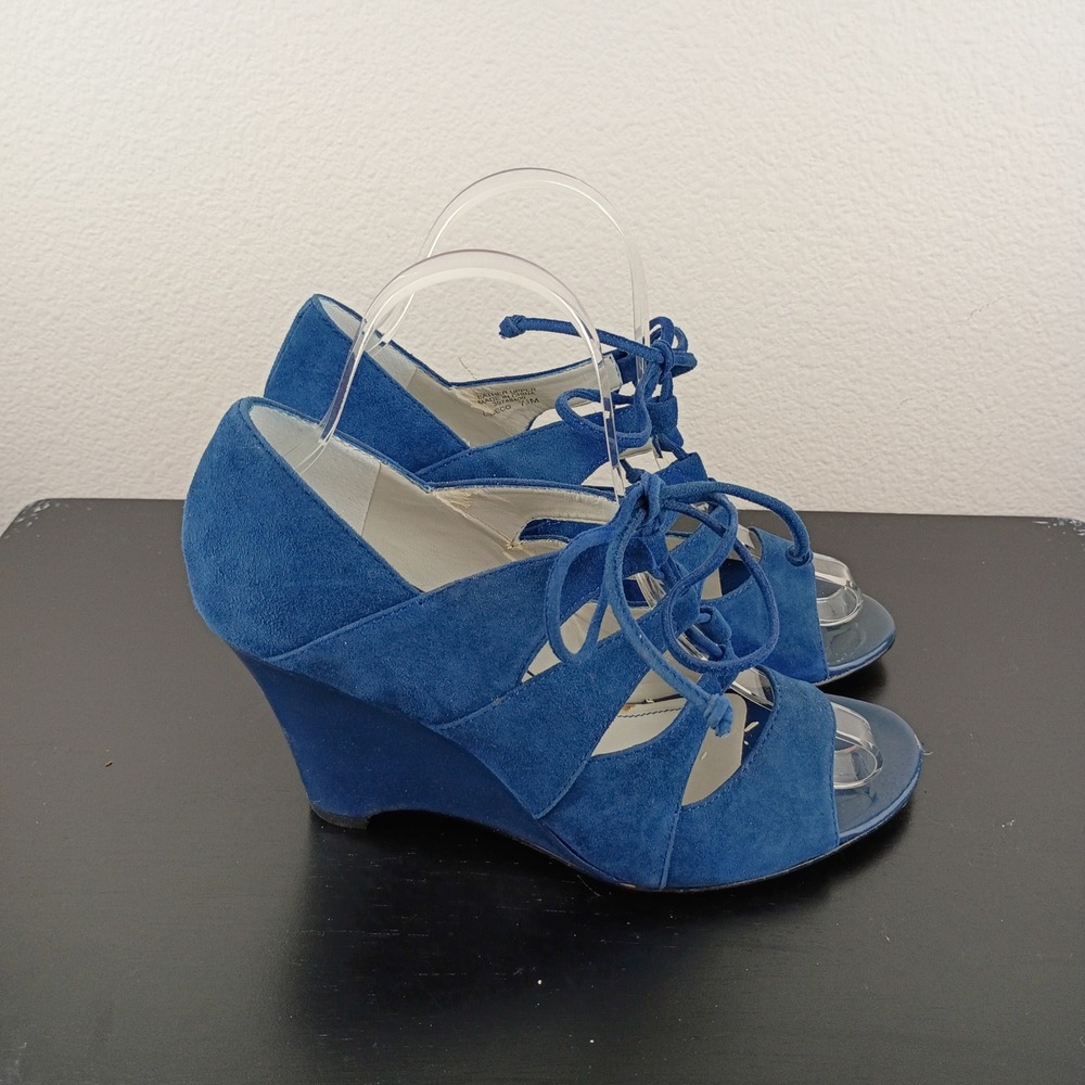 Franco Sarto Deco Blue Suede Lace Up Peep Toe Wedge Sandals Shoes Womens 7.5M - Picture 3 of 12